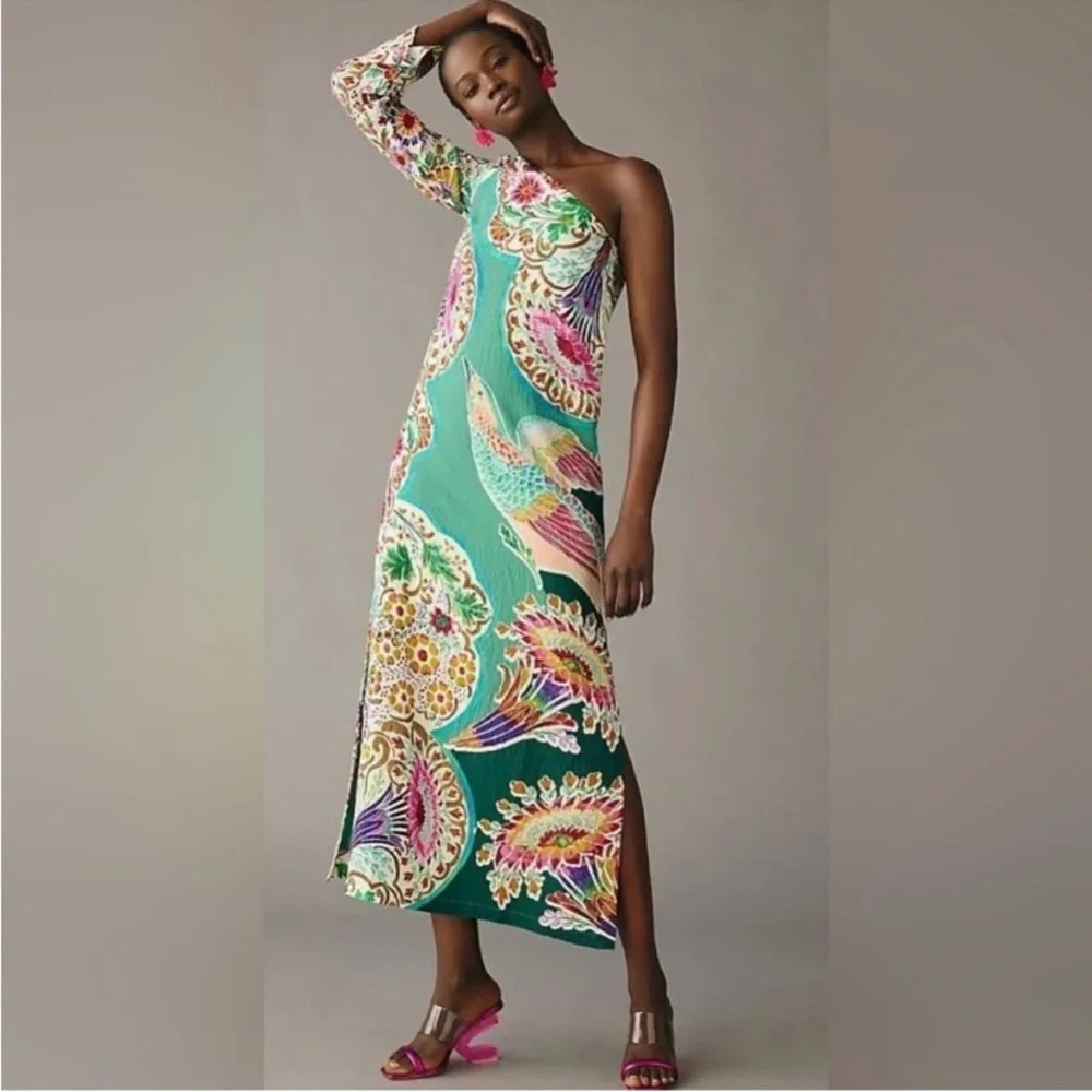 Anthropologie One Shoulder Dress in Green and Pink